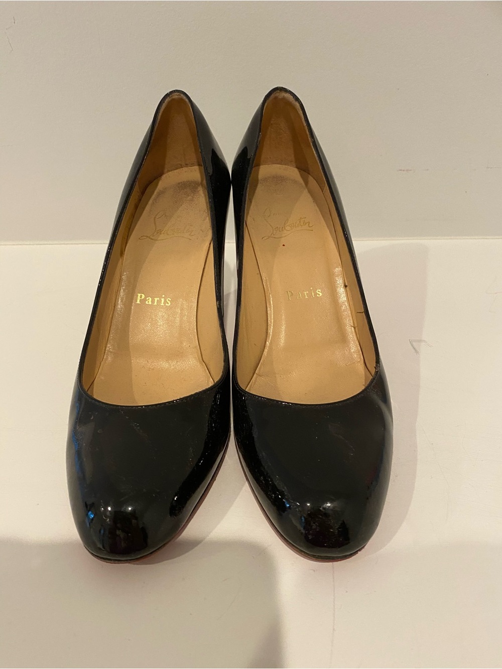 Christian Louboutin Black Patent Round-Toe Pumps, Size 38